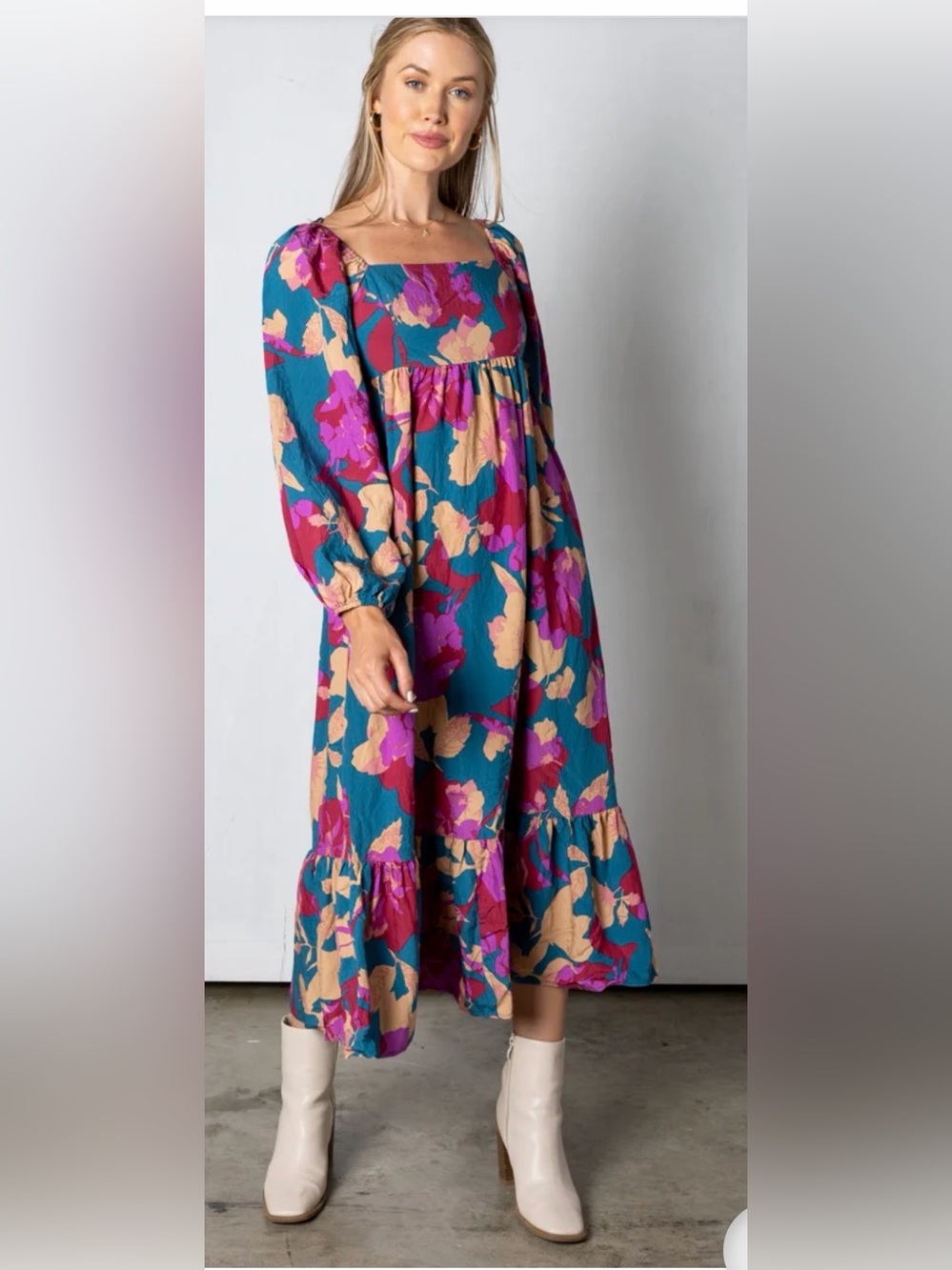Teal Floral Square-Neck Maxi Dress with Pink & Beige Blooms